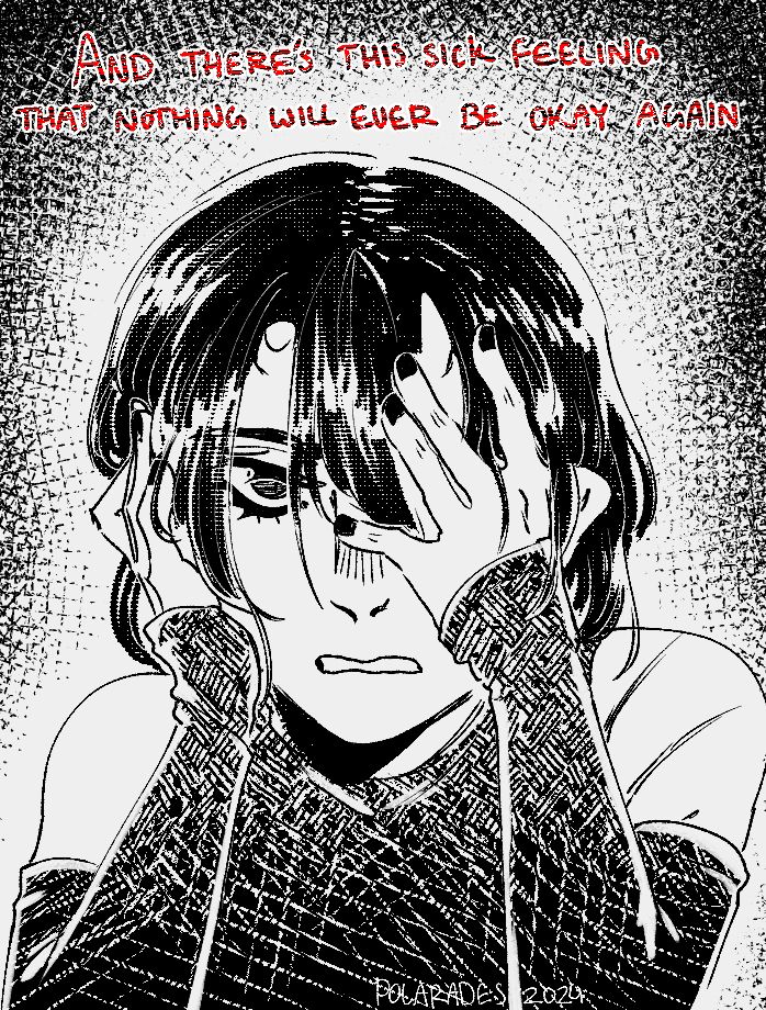 A manga style drawing of my character Adel looking stressed out - the text on the image says "And there's this sick feeling that nothing will ever be okay again"