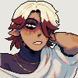 Pixel art of my character Treze looking moderately bothered.