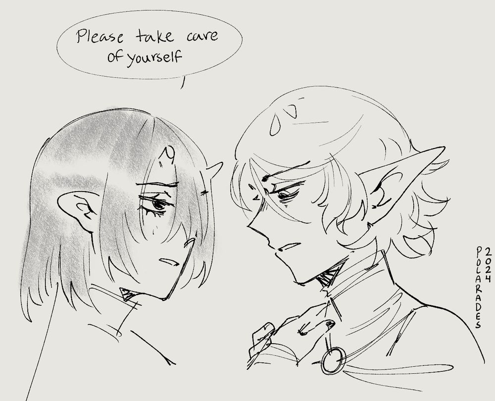 Digital sketch of my characters Adel and Eldri - Adel's hand is on a tired-looking Eldri's shoulder as he tells him "Please take care of yourself".