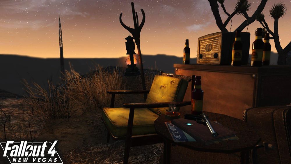 A chair sits atop a cliff, bathed in the light of the setting sun. A lantern is hung on a hat rack on one side of the chair, illuminating the scene. Next to the chair is a small metal end table - a new Sunset-branded drink sits on the table in a red bottle - Sunset Prickly Pear - as is a Sunset Sarsaparilla star bottle cap, and a Suppressed .22 Pistol.

Behind the chair, a trunk is being used as a makeshift table, and has several bottles of Sunset Prickly Pear on it, along with a radio.