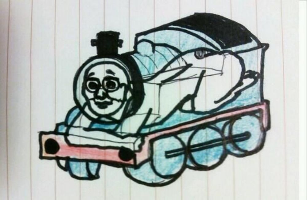 A drawing of Thomas the Tank Engine, his metal shell partially transparent, so that you can see there is a man inside him, and the man's face sticking out of the front of Thomas is what his face really is 
