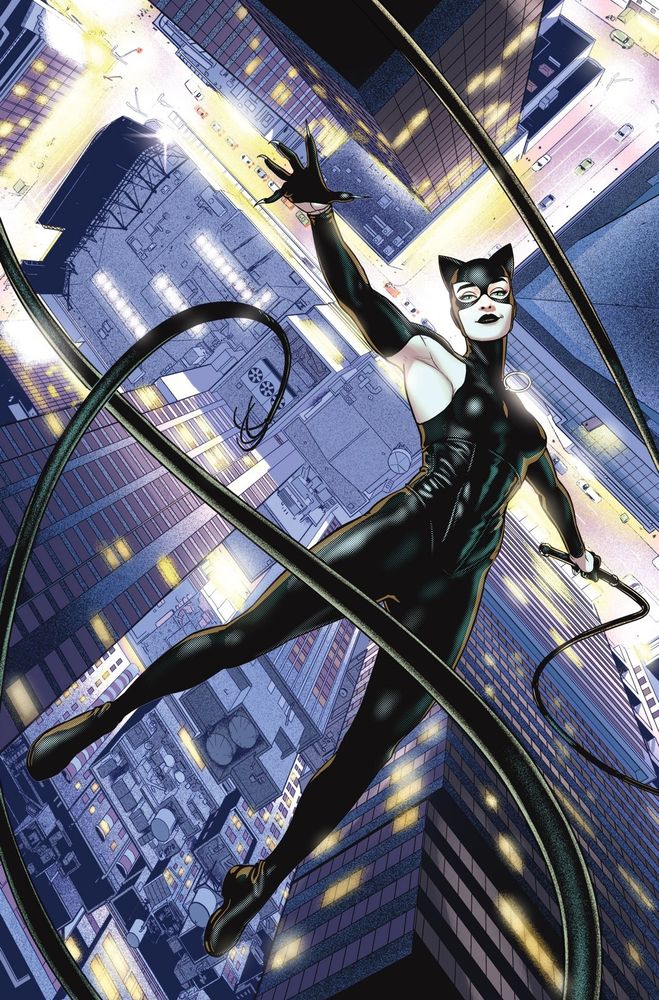 A drawing of Catwoman by me. She is pictured from above, falling through the air having jumped backward off a building, her whip twisting through the air around her. She is confidently smiling and in control of her descent. Below her is a city intersection, the lights glowing in the night against the darker buildings. 