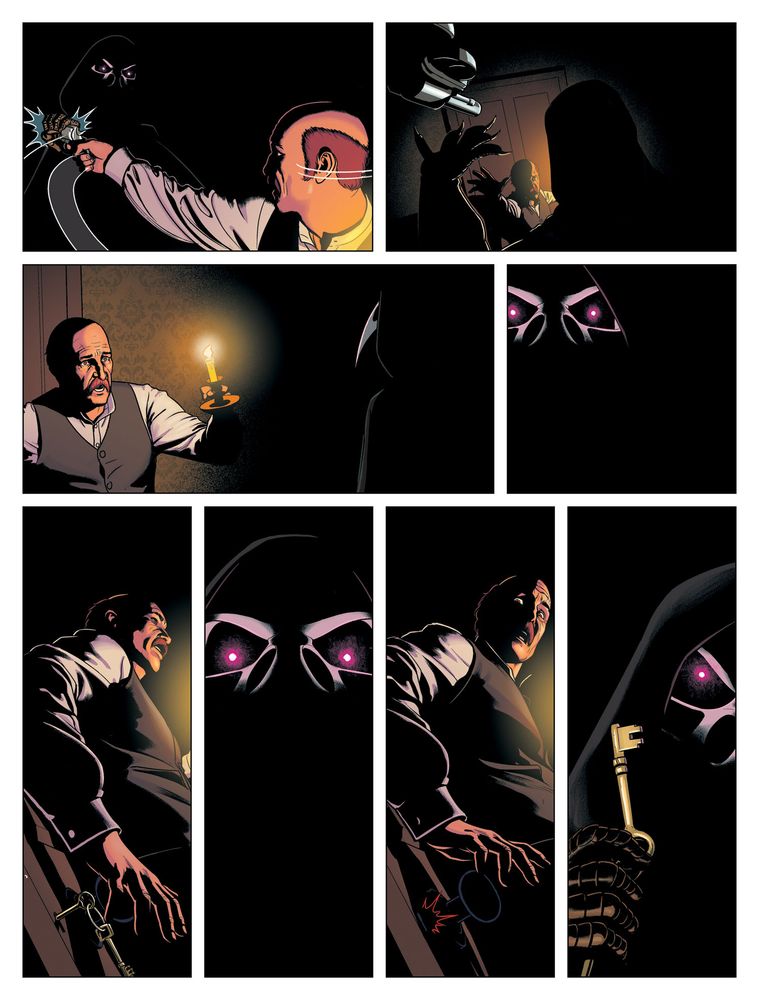 Preview page from ONE FOR SORROW. The man spins round to shoot but the figure catches and throws his gun behind it. The man pleads to the figure which remains in the dark, eyes glowing. The man has his back to the door and is trying to reach for the keys to unlock it, when suddenly the keys are no longer in the door, but in the hooded figure's hand.