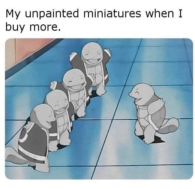 A screenshot of a Pokémon cartoon where a group of four squirtles are all happily waving at another squirtle. They have all had the colour removed so they are grey. A caption reads: My unpainted miniatures when I buy more.