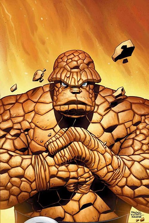 An image of Fantastic Four character The Thing, pencilled by the much-missed Mike Wieringo, inked by Karl Kesel, and coloured by Richard Isanove. The rock-skinned character is looking at the viewer and punching a fist into his other palm.