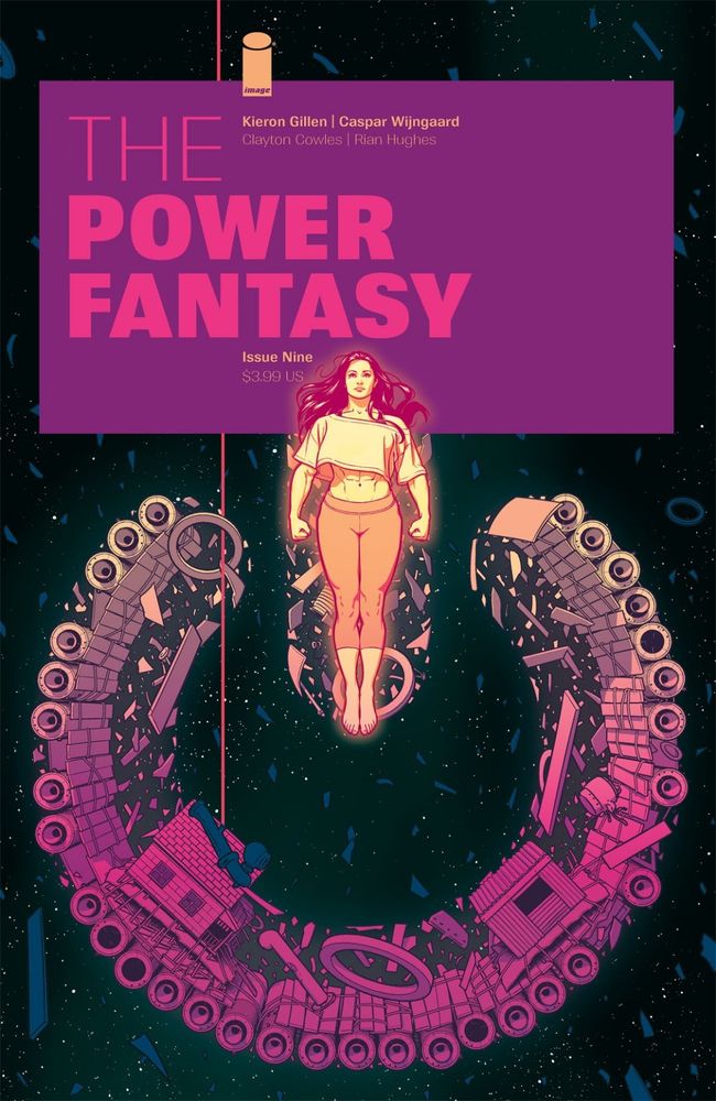 My cover for THE POWER FANTASY #9. The character Valentina is hovering in space in front of her orbital home "island" and various bits of missile debris. She is wearing casual workout-style clothes, and glows a warm orangey-yellow. Her home is coloured in a gradient from that same yellow down to a magenta. The title block/trade dress of the issue is coloured to match. 

Taken together, Valentina and her home form the shape of the power button icon that is used throughout the graphic design of the series, with the arc of the island forming a three quarters ◯ shape, and Valentina herself forming the | symbol part of the icon.