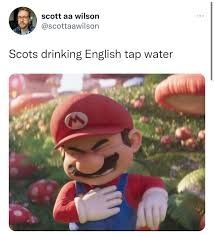 A screenshot of a tweet by Scott AA Wilson, which features an image of Mario looking like he's in pain, and the text "Scots drinking English tap water"
