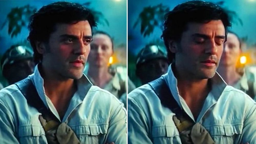 Two screenshots of Poe in The Rise of Skywalker as he delivers the immortal line "somehow, Palpatine has returned." You can feel Oscar Isaac's soul leave his body in the second shot. 