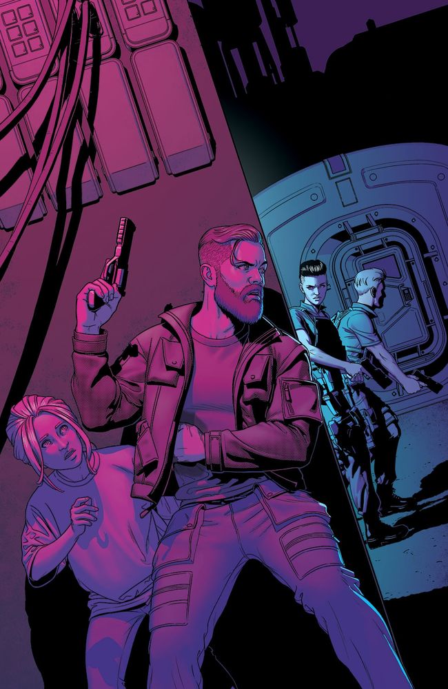 Cover drawn by me, featuring a wounded Amos Burton and a girl hiding behind a building from two heavily armed security types. Amos has his gun drawn. 