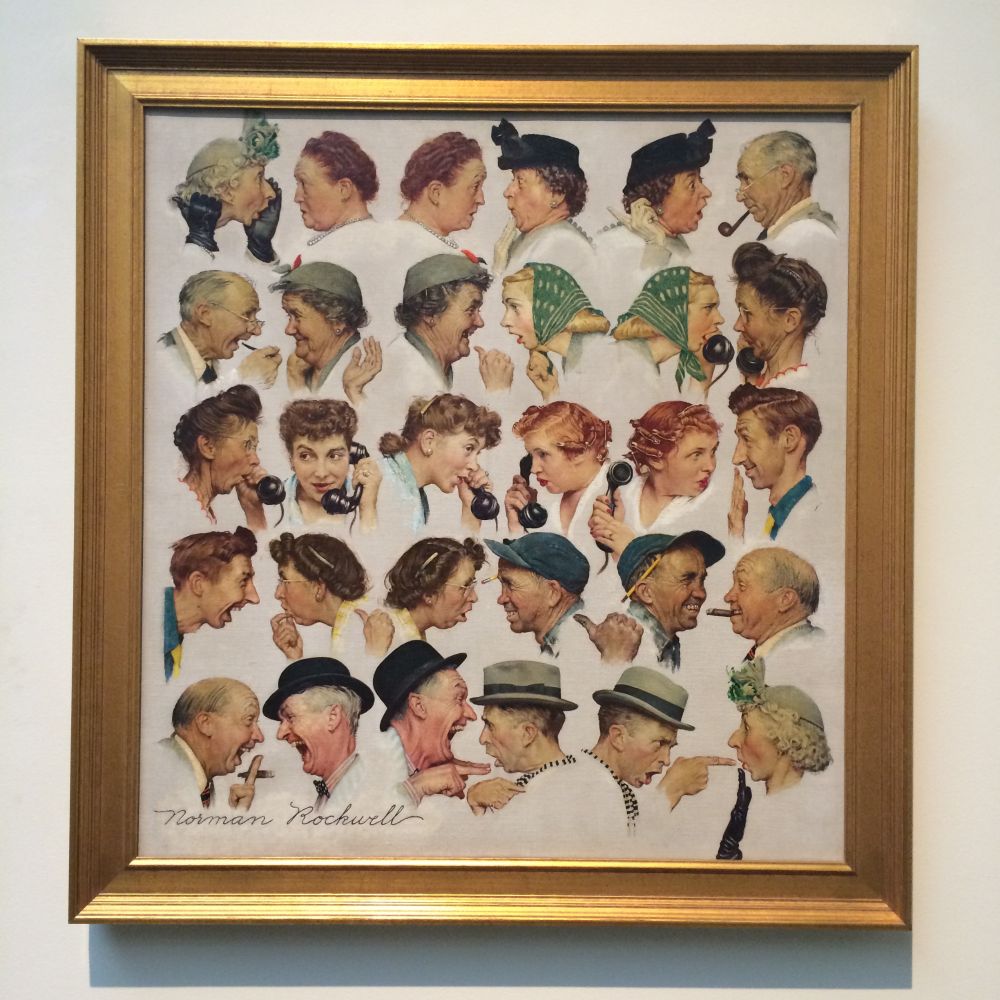 A photo of a painting by Norman Rockwell called "The Gossips", featuring a chain of talking heads passing gossip along until it ends up back at the original woman who started it. 