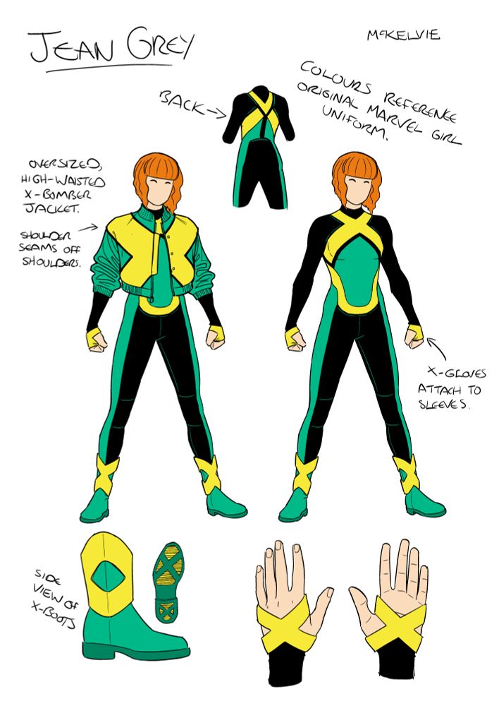 Design sheet for young time-displaced Jean Grey. She wears a green, yellow and black outfit in blocky shapes with an x across her chest, and an oversized varsity jacket with a big X design homaging Quitely's classic X-Men designs.