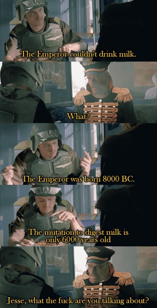 A version of the Breaking Bad Walter/Jesse meme where someone has photoshopped Imperial Guard outfits from Warhammer 40,000 onto them. Jesse is a regular Guardsman and Walter is a Commissar. The conversation goes back and forth, Jesse starting:

The Emperor couldn't drink milk.

What?

The Emperor was born 8000 BC.

The mutation to digest milk is only 6000 years old.

Jesse, what the fuck are you talking about?
 