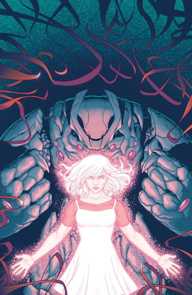 Variant cover for Home Sick Pilots #4, drawn and coloured by me. A girl stands facing the reader with her arms held out at her sides, palms facing forward. She glows with white and pink energy. Behind her, lit by her glow, is a large and powerful-looking artificial construct made from what looks to be stone. It brandishes two enormous fists. 
