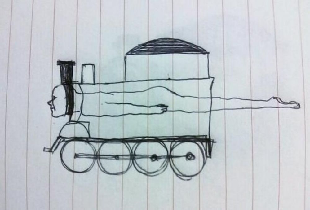 A drawing of Thomas the Tank Engine, his metal shell partially transparent, so that you can see there is a man inside him, and the man's face sticking out of the front of Thomas is what his face really is 
