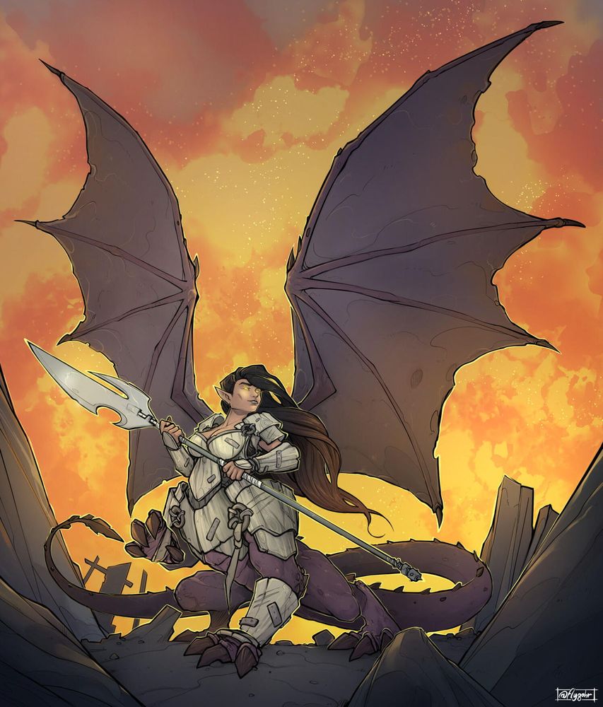 A female, winged dracotaur holding a long glaive, against a fiery red background