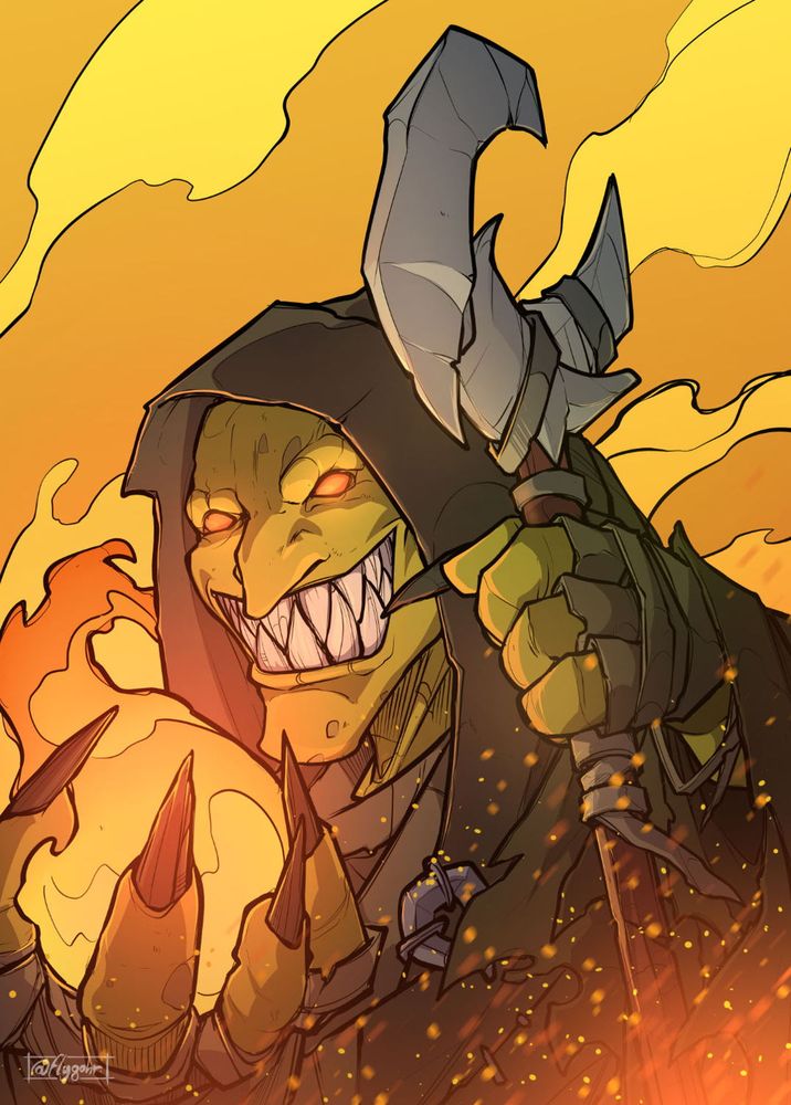 A grimacing goblin with a staff is casting a fireball against a fire background