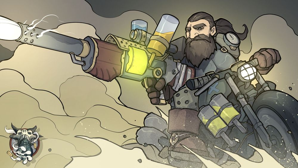 An illustration of a fantasy dwarf riding a chemtech motorcycle, holding a giant chemtech rifle and shooting it out.