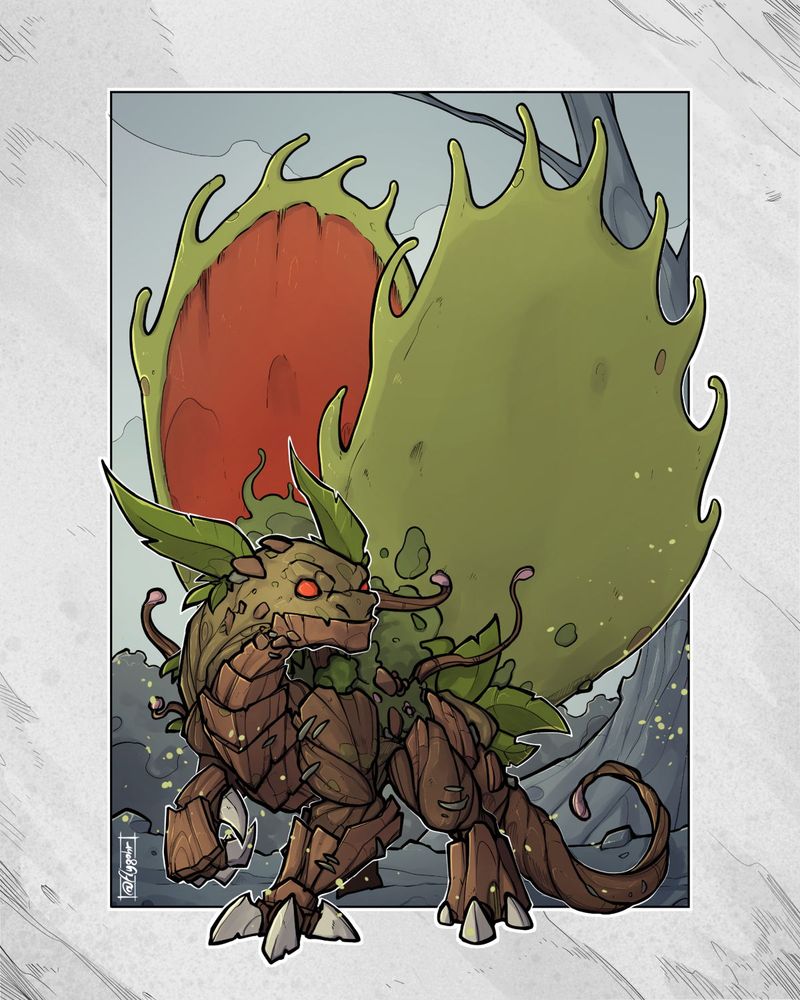 A cute fantasy illustration of a small dragon made of vines, bark, and leaves. Its wings resemble venus fly traps.