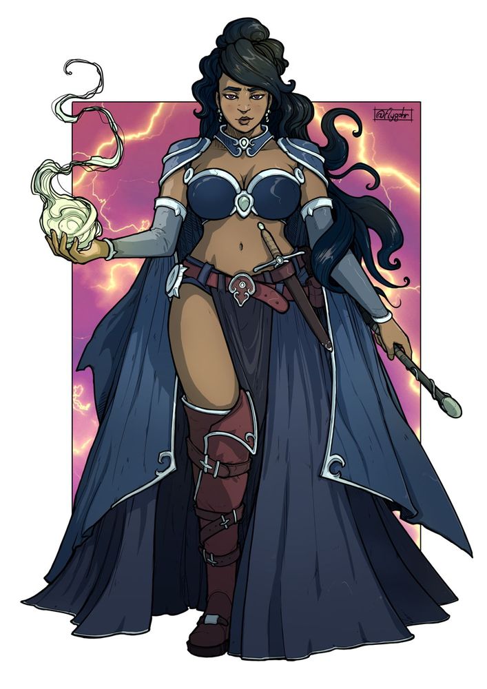 A noblewoman, a mage, holding a small staff and casting a wind spell. She wears large robes, a tight armor, and tall boots