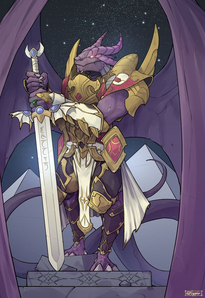 A huge, winged dragonborn holding a giant sword. He is wearing a gold and white intricate armor, and his colors are purple and dark blue