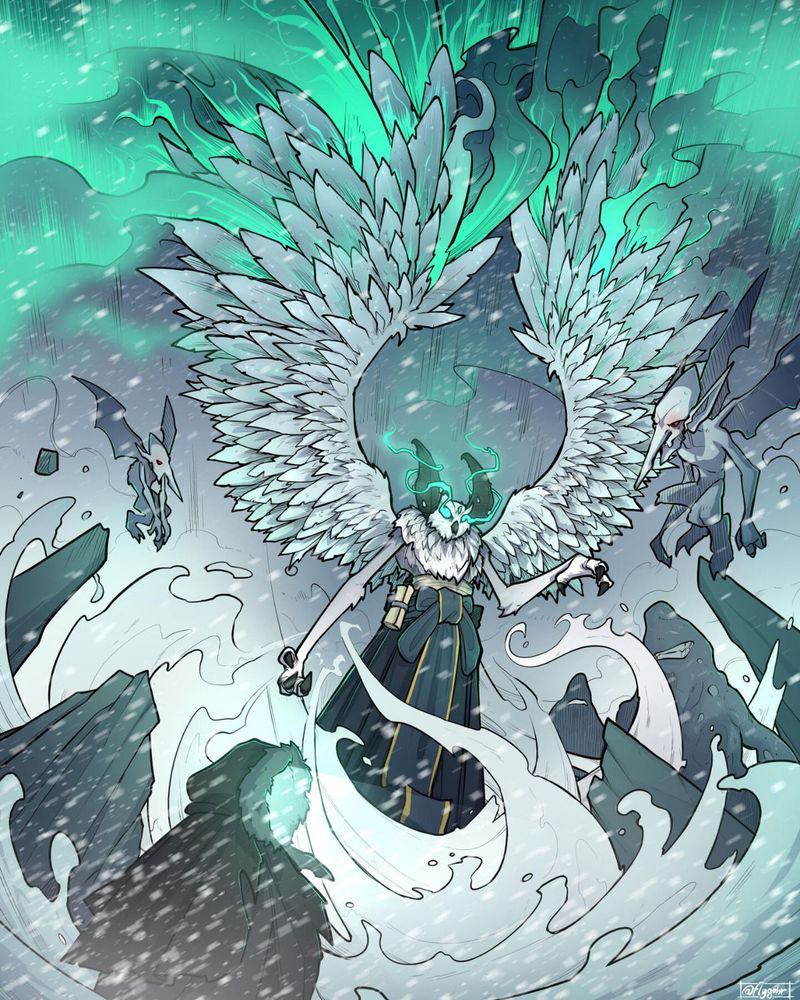 A giant, winged creature is standing amidst a snowstorm. She has an owl head, with horns, hands with long claws, and her wings produce an aurora borealis around her. She is releasing creatures around her, ready to attack the adventurers facing her