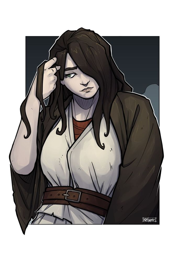 A sci-fi waist-up character portrait in full-color, depicting a woman in heavy brown and beige robes, with long black hair covering half her face. She is playing with her hair with her right hand.