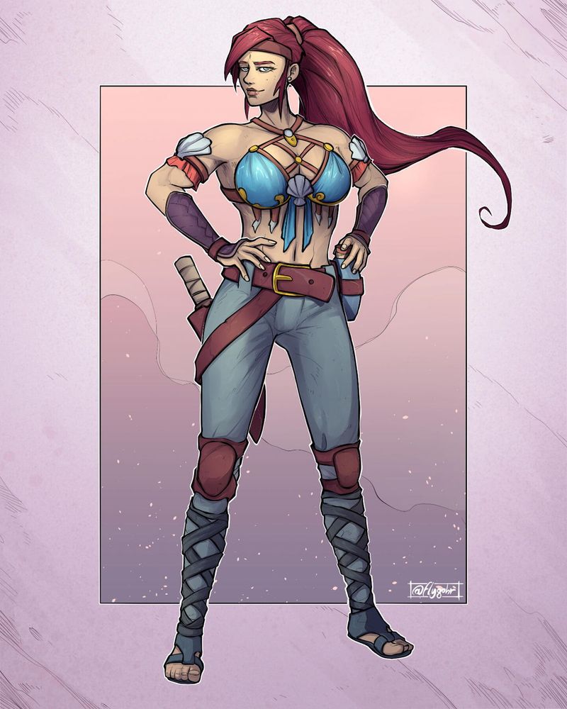 A female warrior, standing proud with her arms at her waist. Her armor is blue and red, and she has long hair