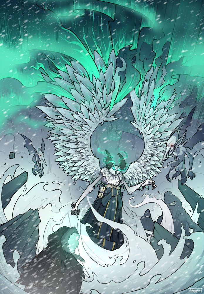 A giant, winged creature is standing amidst a snowstorm. She has an owl head, with horns, hands with long claws, and her wings produce an aurora borealis around her. She is releasing creatures around her, ready to attack the adventurers facing her