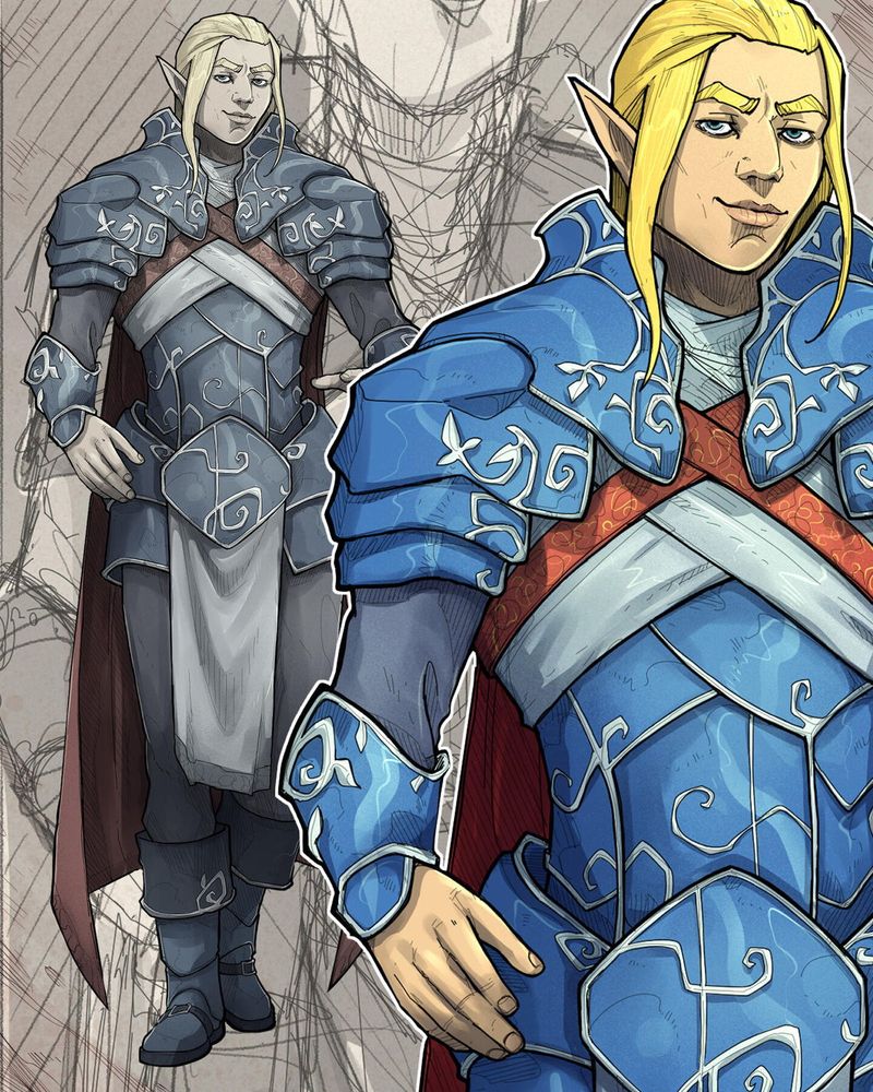A close up of a fantasy character portrait featuring a blonde haired elf noble with elaborate, blue armor.