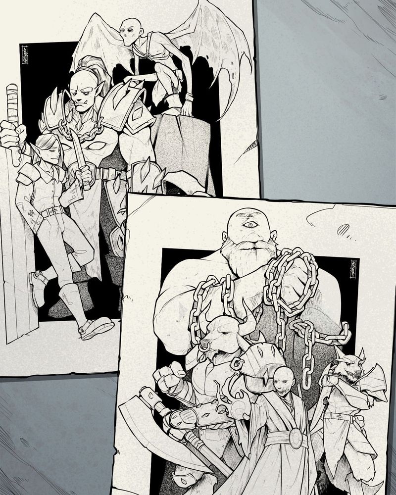 Two black and white, fantasy illustrations featuring two different groups of characters, four each. 