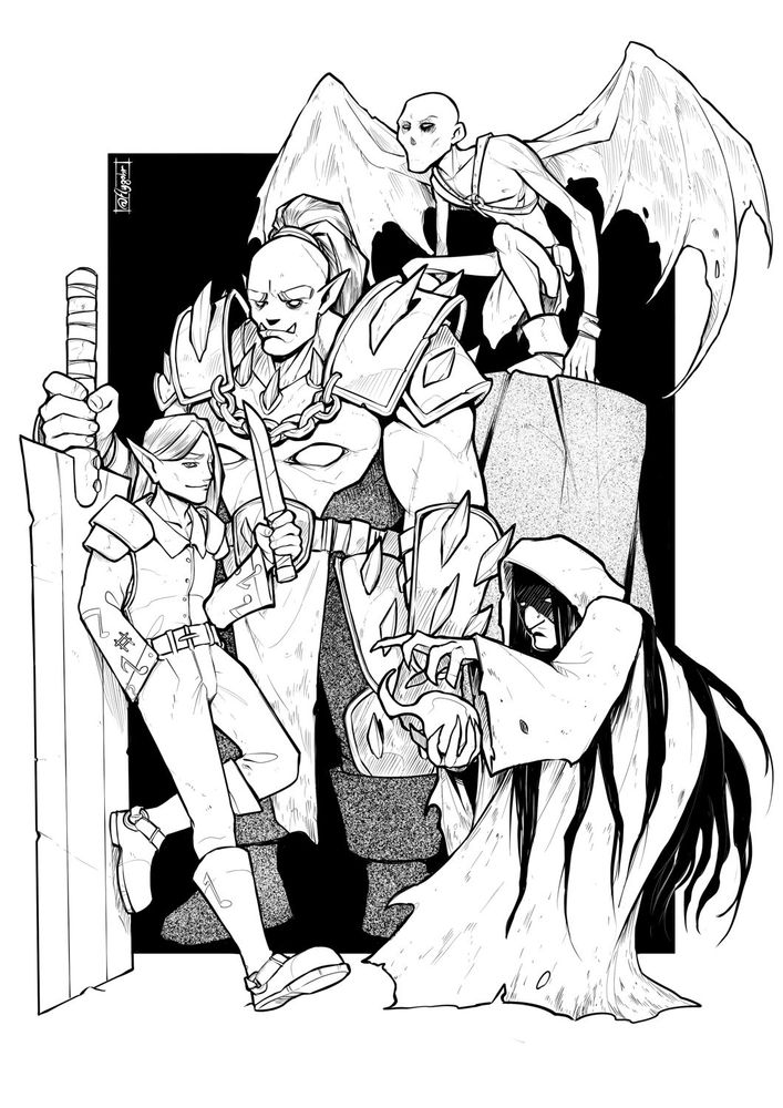 A group of four fantasy characters: a smirking elf, resting on the giant blade of an heavy armored orc. Then a winged, humanoid creature, and a witch casting a spell