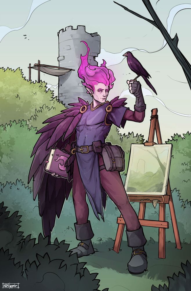 A fire genasi in leather armor, with a cape made of feathers, holding a book in his right hand, and holding up a grackle with his left. In the background a painting he is making