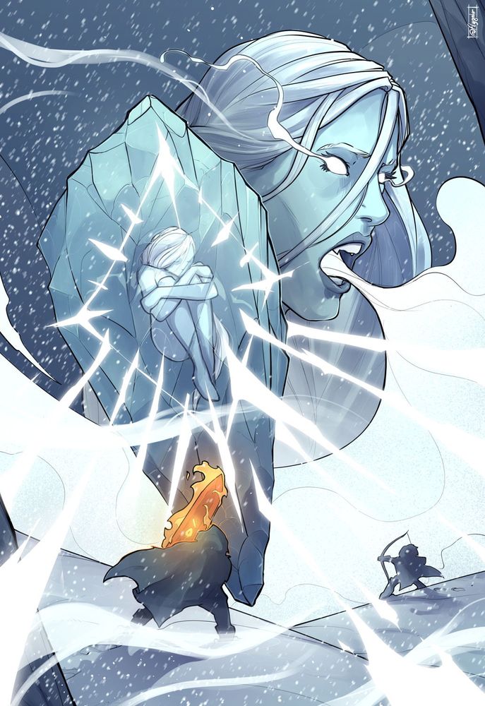 A fantasy battle scenes with icy blue tones. A group of adventurers is facing a giant ice shard containing a curled up woman, casting a powerful series of magic beams on the fighters. In the background, a giant woman's face is shouting a cold wind above the scenery