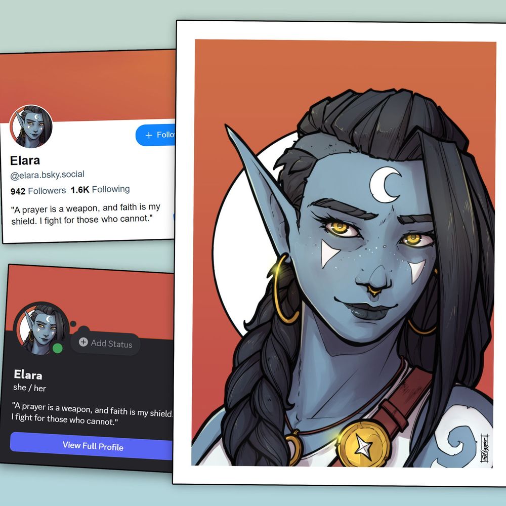 Promotional image featuring the fantasy portrait of an elven girl both as an art print and as a profile picture for various social media profiles.