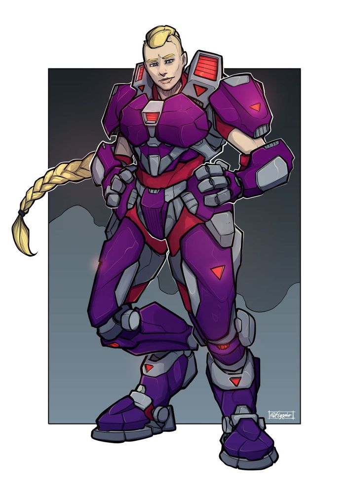 A buff woman in purple and red, bulky power armor.
