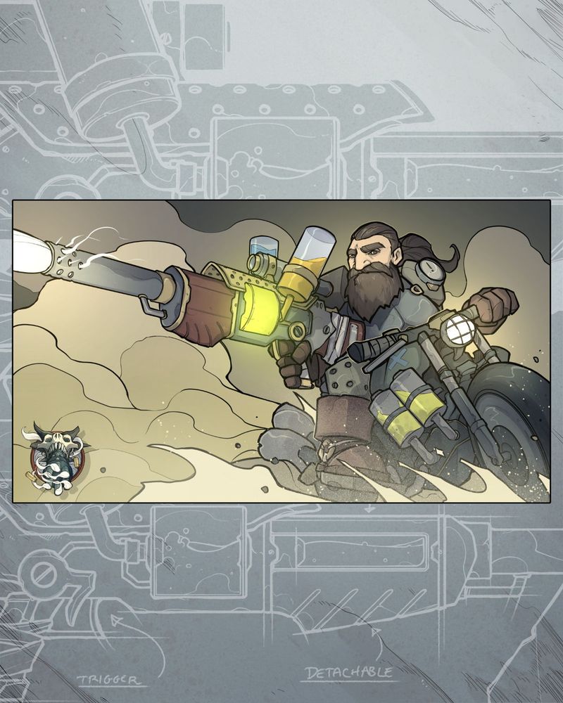A fantasy, action portrait of a dwarf artificer on a chemtech motorcycle, holding a chemtech weapon, a long rifle. The background has a schematic of such rifle.