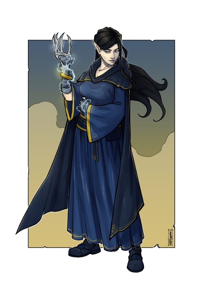 A fantasy portrait of a female elf monk. She has raven dark long hair, blue robes with gold trims, a dark blue cloak, and is raising her arm with magical tiger stance silver claws on her right hand.