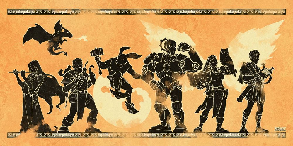 A fantasy group portrait done in an ancient Greek urn style. A group of silhouettes stand against a terracotta background. The group features, from left to right: a female reborn cleric of the grave playing the flute; a human ranger, drunk, with a squirrel on his back and a drake flying above him; an harengon barbarian flying over magical clouds produced by his boots; a steampunk warforged admiring his brass muscles; an aasimar mage with an owl familiar and bright wings on her back; a male reborn playing the lyre.