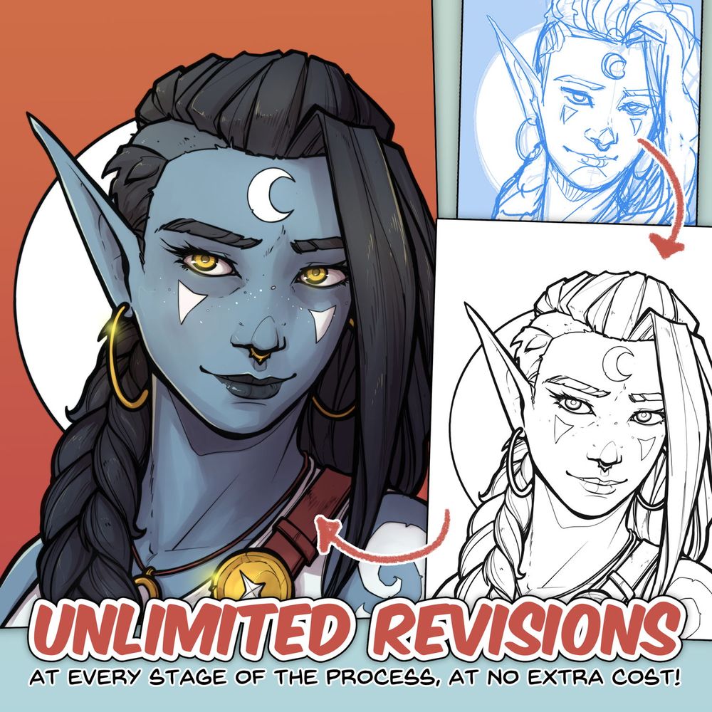 Promotional image featuring the various stages of a fantasy illustration: sketch, lineart, and coloring.