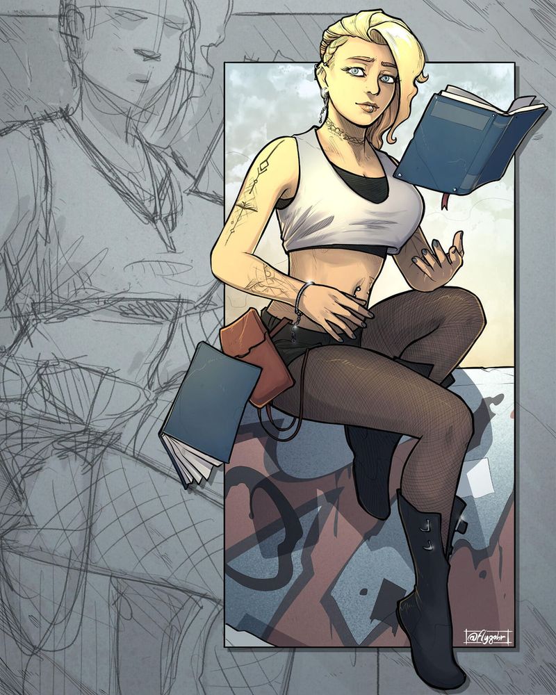 A portrait of a blonde woman with a tattoed arm, with floating books around her to suggest she has magic powers.