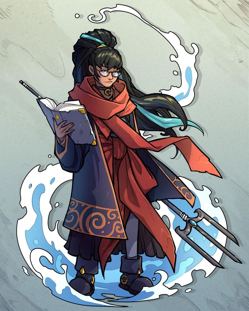 A female, dark skinned, heavily robed mage holding a trident and a huge book. She is standing in a wave of water, symbolizing her water affinity as a mage