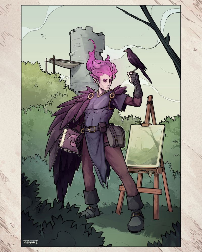 A fantasy character portrait featuring a fire genasi with purple hair, holding a grackle up with his left hand, and a fire magic book with his right hand. He is a painter, and is currently drawing the background of the scene, an abandoned tower in the woods.