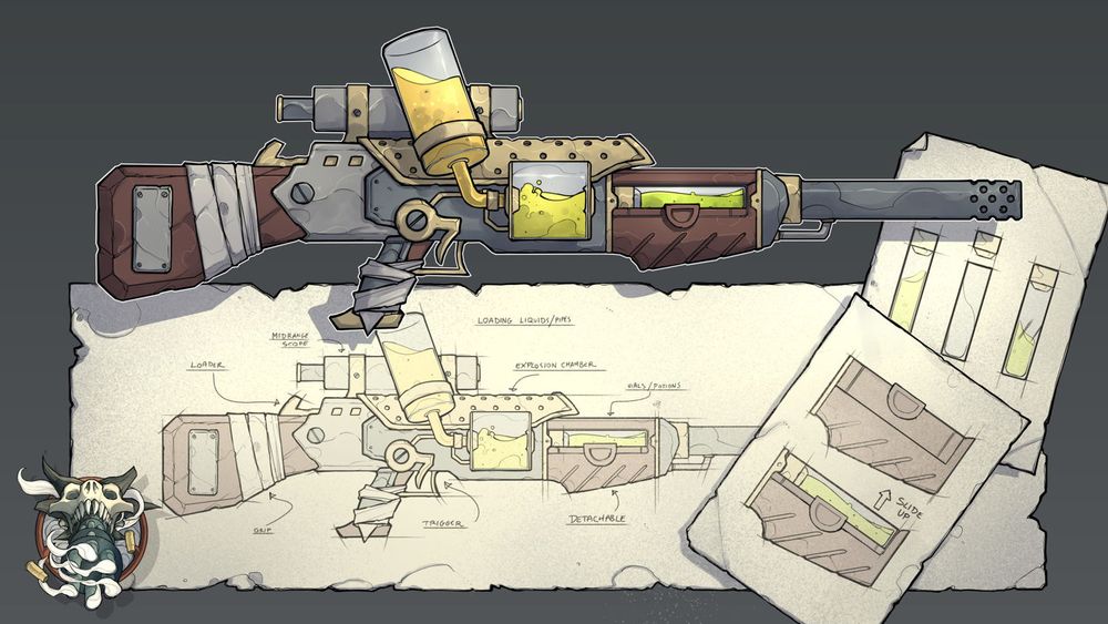 An illustration of a fantasy chemtech rifle schematic.