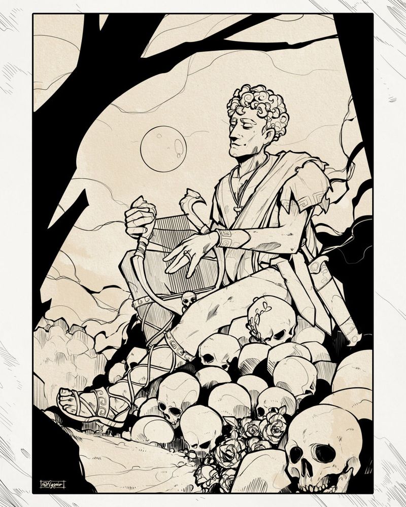 A fantasy character portrait of an undead bard playing his lyre sitting on top of a mountain of skulls.