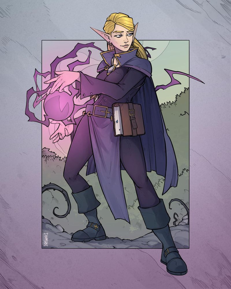 A fantasy portrait of a blonde female high elf, dressed in dark blue and purple robes, casting a dark magic spell. She is surrounded by withering vines, hinting at her deathly powers