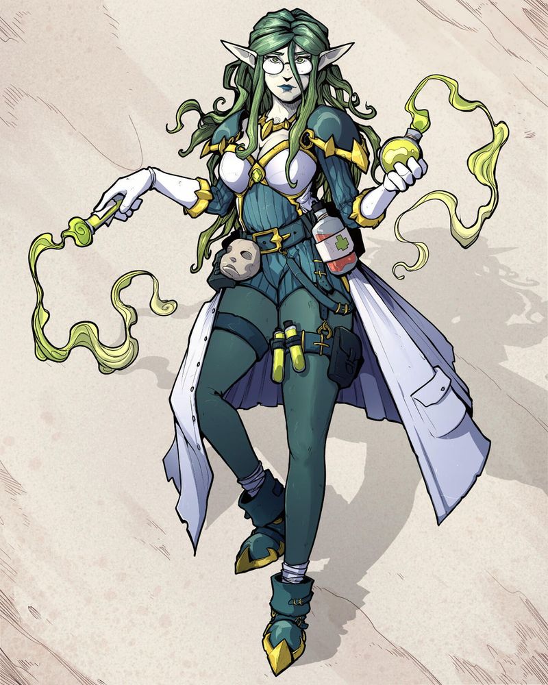 A fantasy character portrait of a female elf alchemist. The color scheme is blue, greens, and white. Her armor and coat are designed to mimic a lab coat.