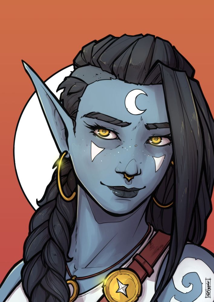A shoulders-up, fantasy portrait of an elven girl with blue skin and dark hair, on an orange background. She wears golden jewelry and has a white, luminescent moon tattoo on her forehead. She has golden eyes.