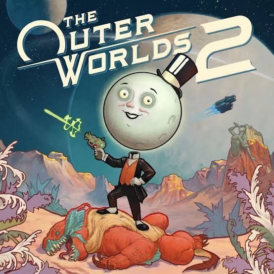 Promo/cover image for the outer worlds two. Features the moon head guy holding a blaster while stood on a dead beastie in a cartoon-ish alien planet locale

