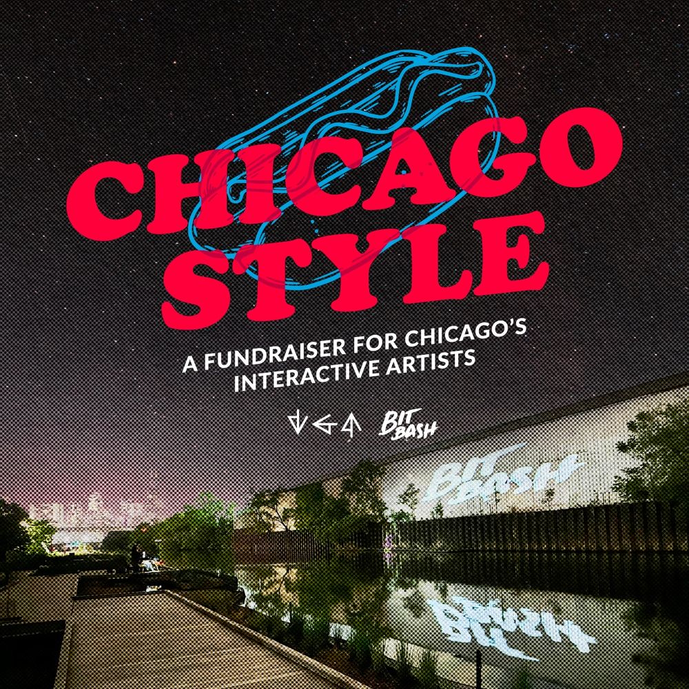 A photo of the Wild Mile on the Chicago River. It's nighttime and the Bit Bash logo is projected on a wall across the river. Text on the image reads 'Chicago Style, A Fundraiser for Chicago's Interactive Artists'. Beneath the text are the VGA and Bit Bash logos.