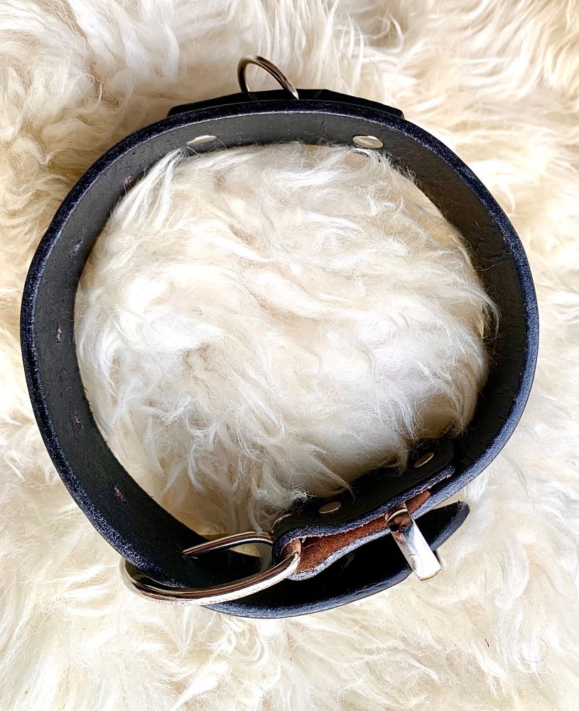 A black leather western-style embossed wide collar showing the piece buckle securely through the keeper.